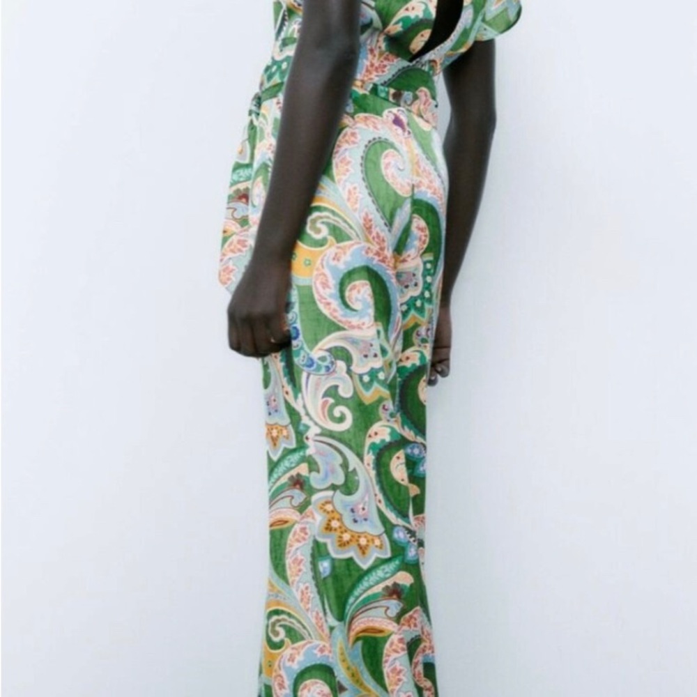 ZARA Green Paisley BOHO Belted Wide-Leg Jumpsuit Size Small NWT 🍃 - Picture 5 of 10